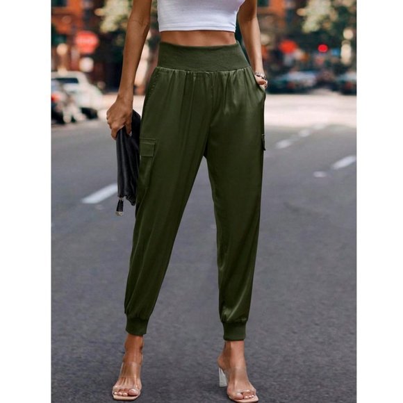Luxe Look Satin Pocketed High Waist Joggers - Army Green - Picture 4 of 6